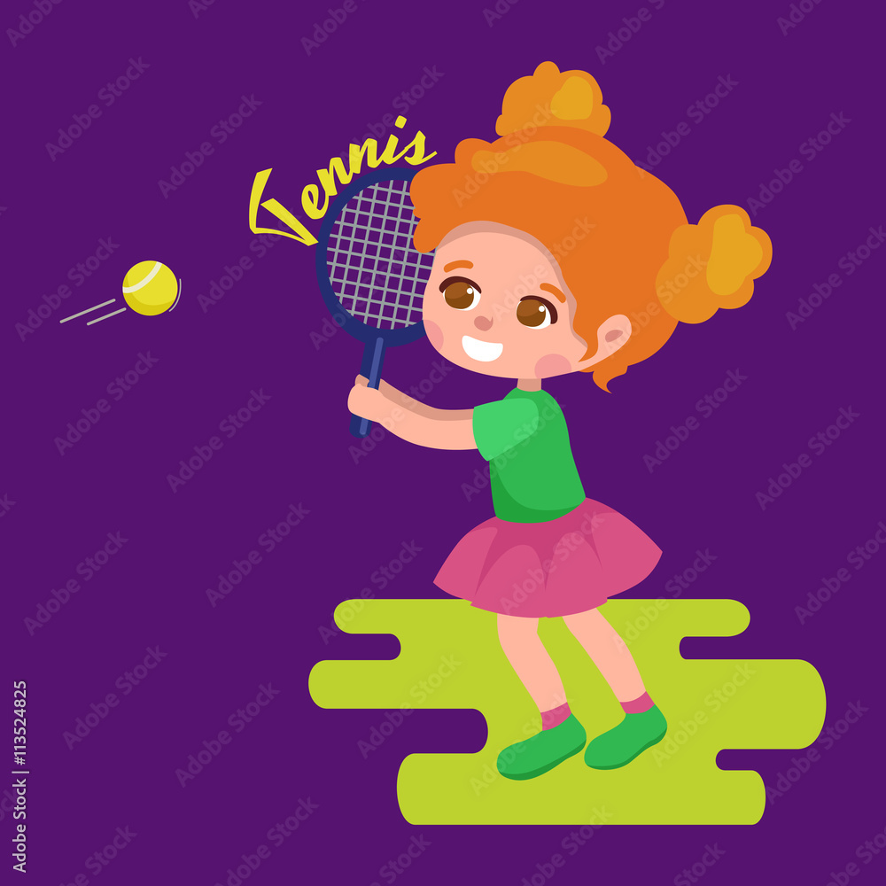 Naklejka premium Happy girl playing tennis, kids sport, childrens activity vector illustration