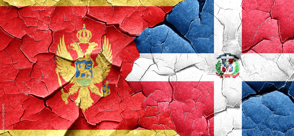 Montenegro flag with Dominican Republic flag on a grunge cracked