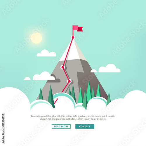 Landscape with flag on the mountain. Mountain in the clouds. Vector illustration.