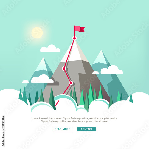 Landscape with flag on the mountain. Mountains in the clouds. Vector illustration.