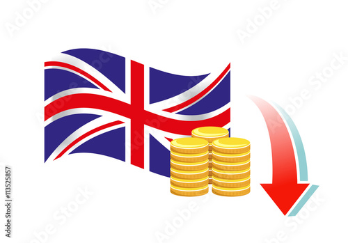 Vector image of a British flag, coins and a downwards arrow