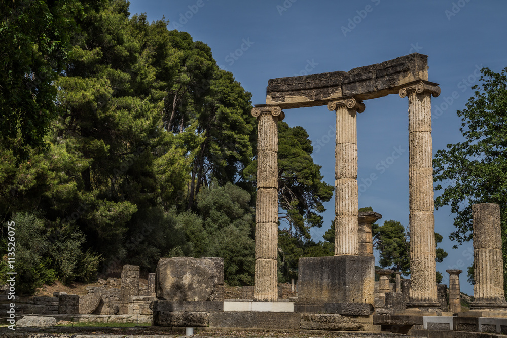 Ionic columns in Olympia archeological site, Greece
