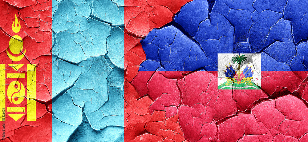 Mongolia flag with Haiti flag on a grunge cracked wall Mongolia flag with Haiti flag on a grunge cracked wall