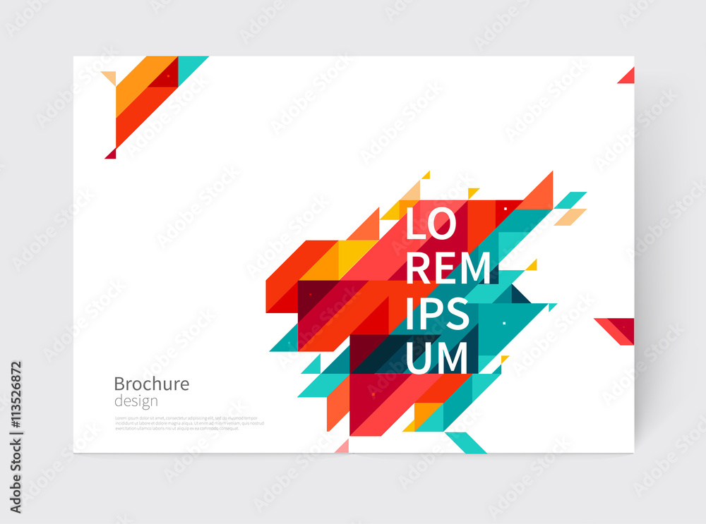 Minimalistic White cover Brochure design. Flyer, booklet, annual report cover template. modern Geometric Abstract background. Blue, yellow and red diagonal lines & triangles. vector-stock illustration