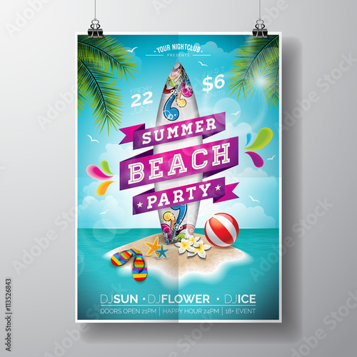 Vector Summer Beach Party Flyer Design with surf board and paradise island on ocean landscape background. Typographic design on banner.