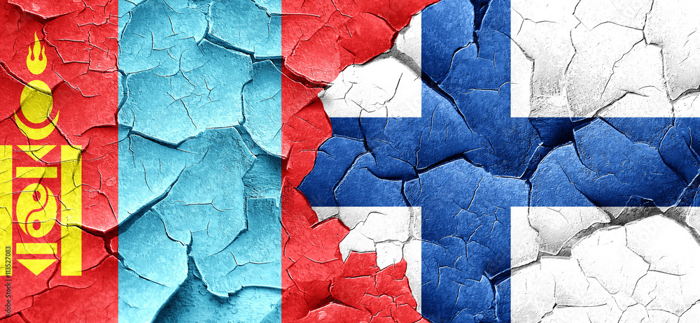Mongolia flag with Finland flag on a grunge cracked wall