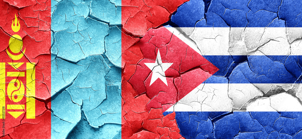 Mongolia flag with cuba flag on a grunge cracked wall