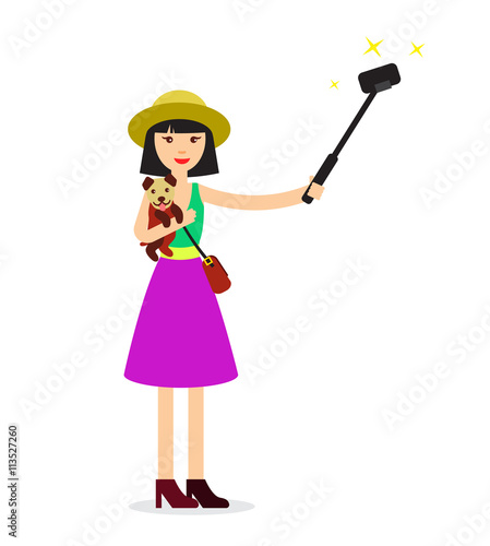 Beautiful girl makes selfie with cute dog - flat vector illustration. Funny photosession concept.