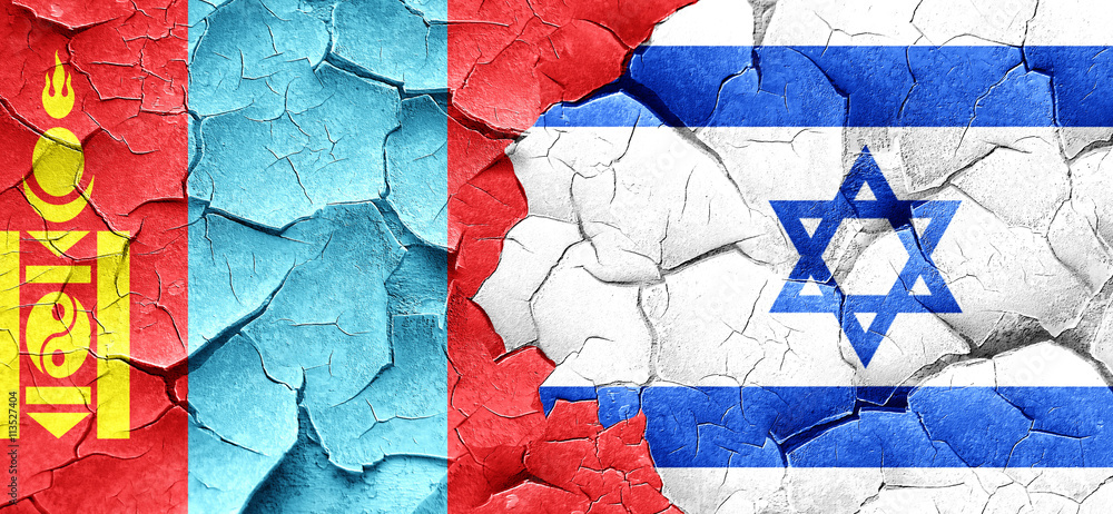 Mongolia flag with Israel flag on a grunge cracked wall