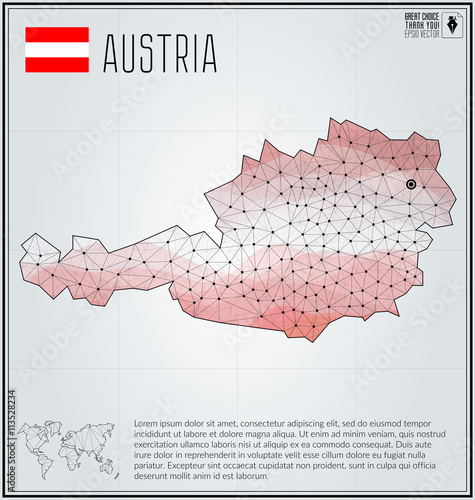 Austria map in geometric polygonal style. Polygonal abstract world map. Vector illustration. Austria flag. Vienna pointer.