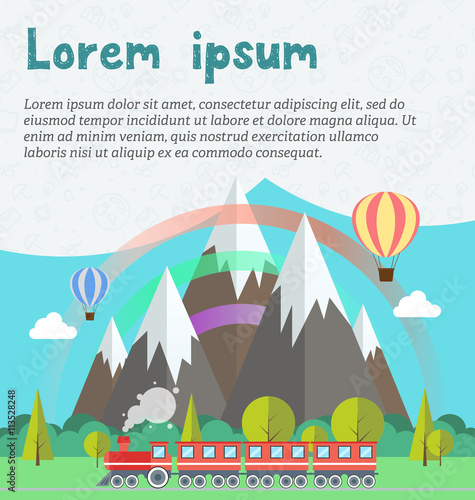 Steam locomotive and wagons on railroad track. Train with forest, rainbow, balloons and mountains background. Flat illustration vector. Concept for invitations, cards. Sample text on seamless pattern