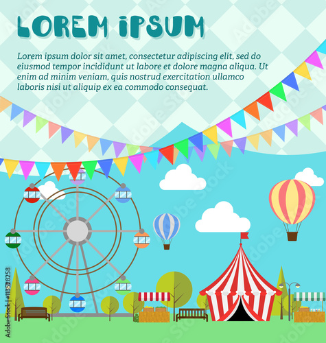 Amusement park, ferris wheel, festival, carnival, balloon. Tent on the market. Farm products, lemonade, lemons in wooden box. Flat illustration vector. Concept for invitations, cards. Flags outdoor.