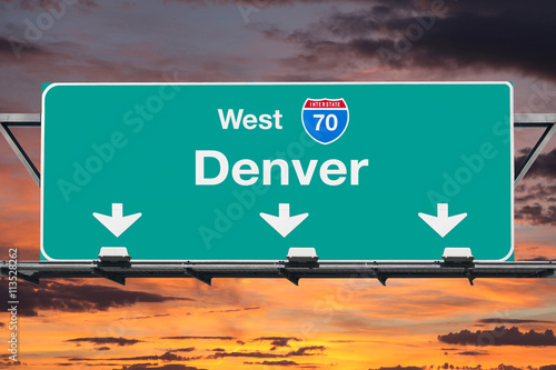 Denver Interstate 70 West Highway Sign with Sunrise Sky photo