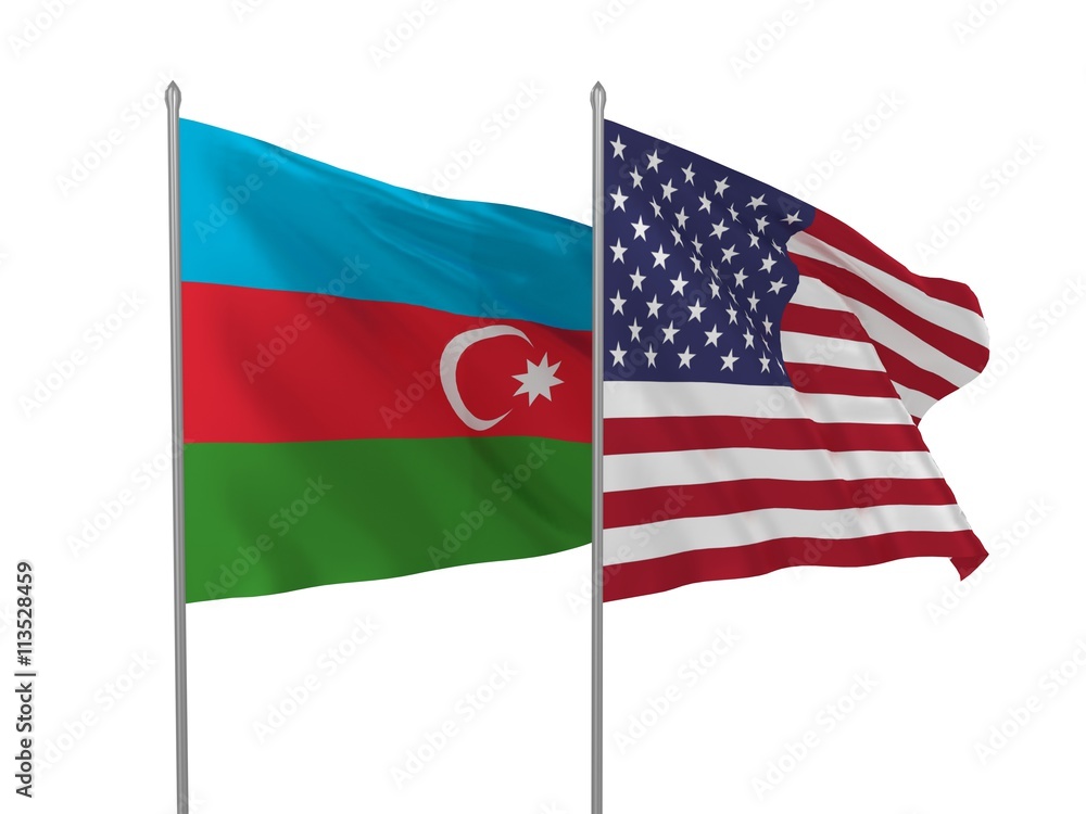 USA and Azerbaijan flags waving in the wind USA and Azerbaijan flags waving in the wind