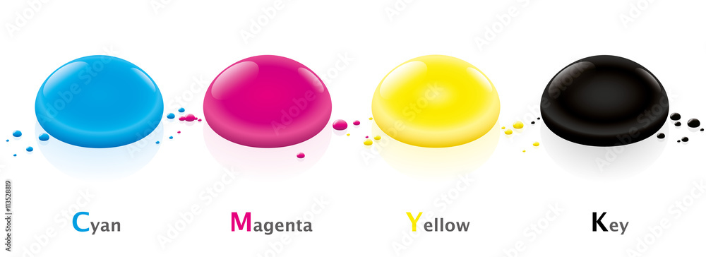 CMYK color model with four ink drops - cyan, magenta, yellow and key ...