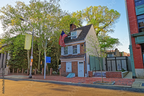 Betsy Ross house and Hanging American Flag in Philadelphia PA