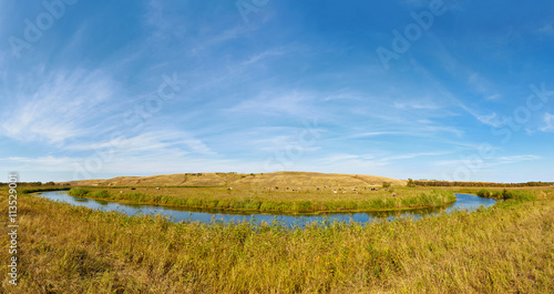 A small prairie river Big Melik. Cows graze on the banks. Sarato