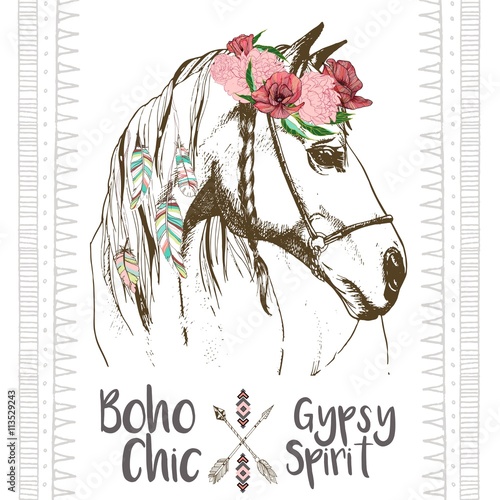 Vector fashion boho chick style horse with flower, feather wreath and arrow. Traditional bohemian deoration. Use for poster, party, fashion, events, promotion, shop, store, design.