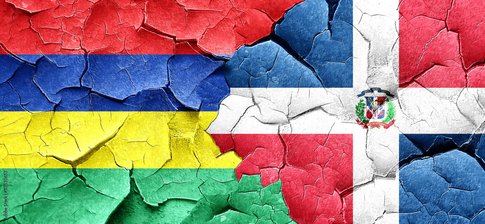 Mauritius flag with Dominican Republic flag on a grunge cracked 