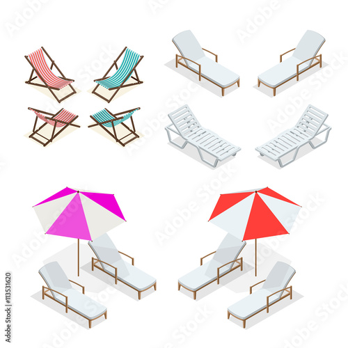 Beach chairs isolated on white background. Wooden and plastic beach chairs. Flat 3d vector isometric illustration.