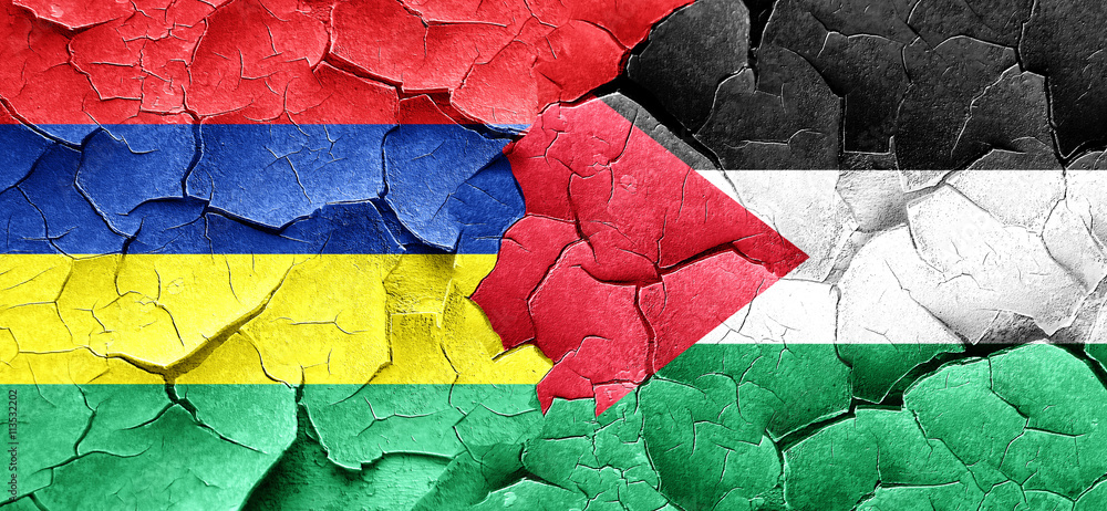 Mauritius flag with Palestine flag on a grunge cracked wall