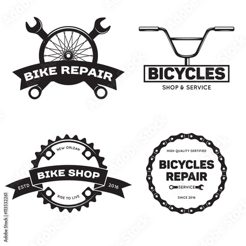 Set of vintage and modern bike shop logo badges and labels.
