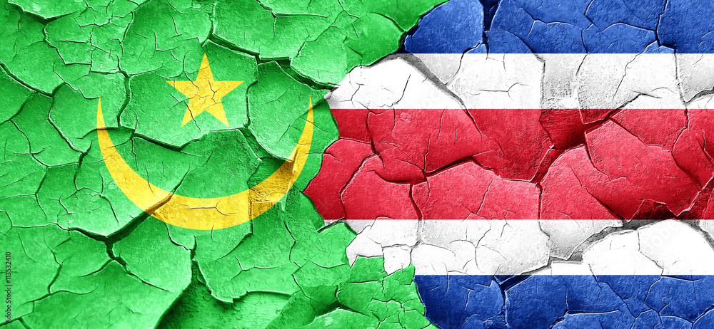 Mauritania flag with Costa Rica flag on a grunge cracked wall