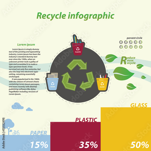 recycle infographics, tree recycling bins illustration with paper plastic glass