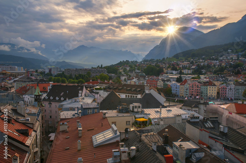Aerial view of Innsbruck from town hall tower at sunset