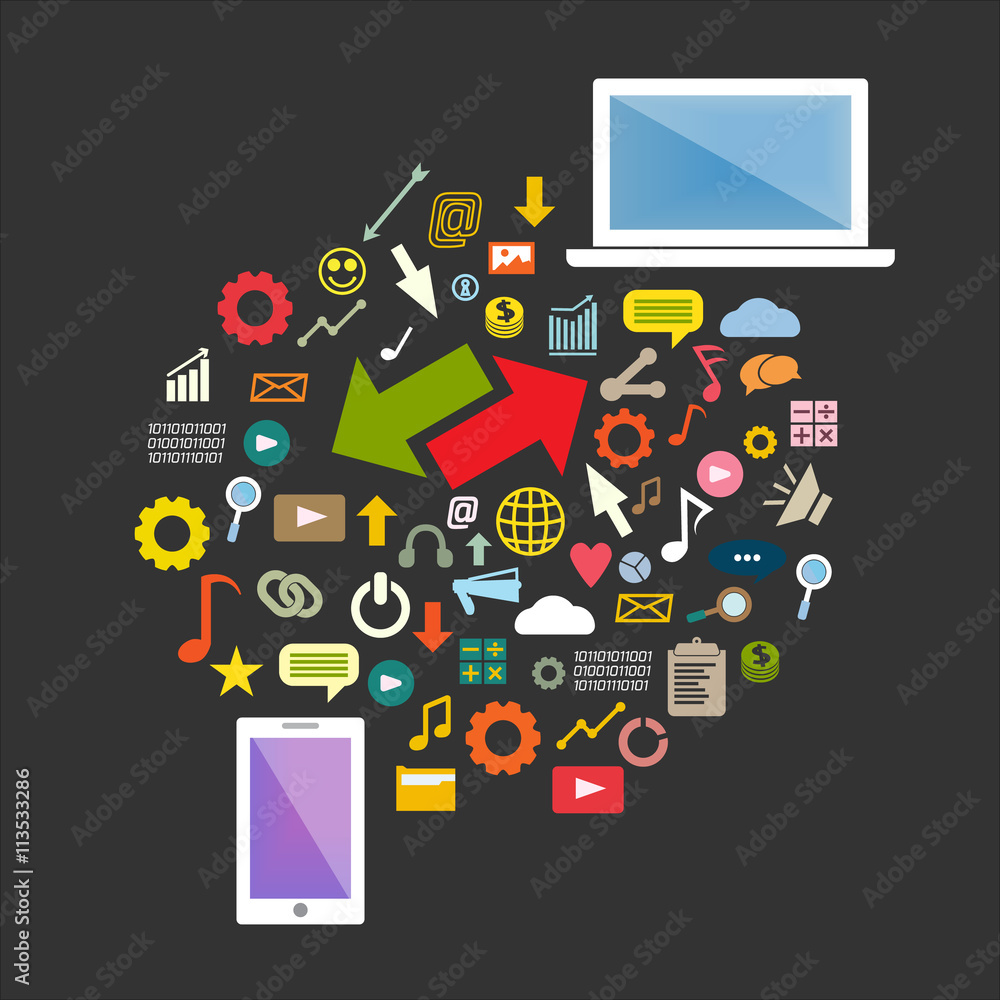 Vector mobile phone and laptop with icons in flat style - business concept - data exchange Info graphic Vector mobile phone and laptop with icons in flat style - business concept - data exchange Info graphic