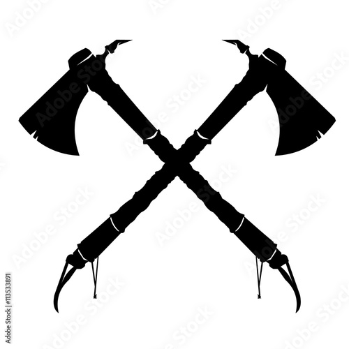 Vector illustration of two crossed American Indian Tomahawk axes. 
Crossed Axes weapon Silhouette war icon. photo