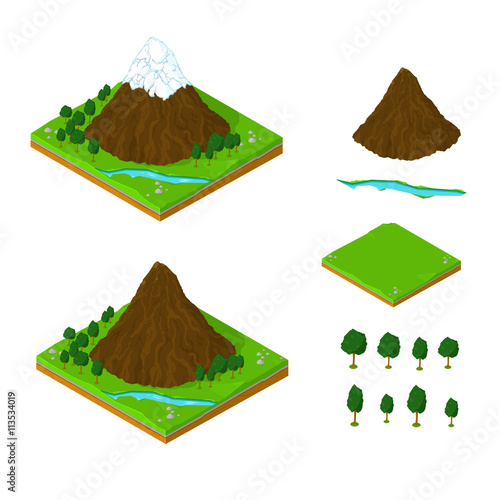 Isometric vector illustration mountainous landscape icon set.
Nature landscape tile with river, trees and mountains.