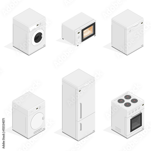 Vector illustration of household appliances Icon set. 
Isometric Kitchen Appliances - Major household appliances Icon Set. 