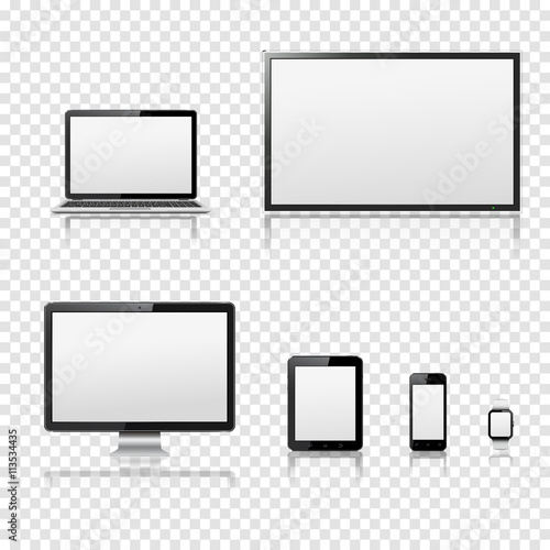 TV screen, lcd monitor, notebook, tablet computer, mobile phone, smart watch isolated on transparent background