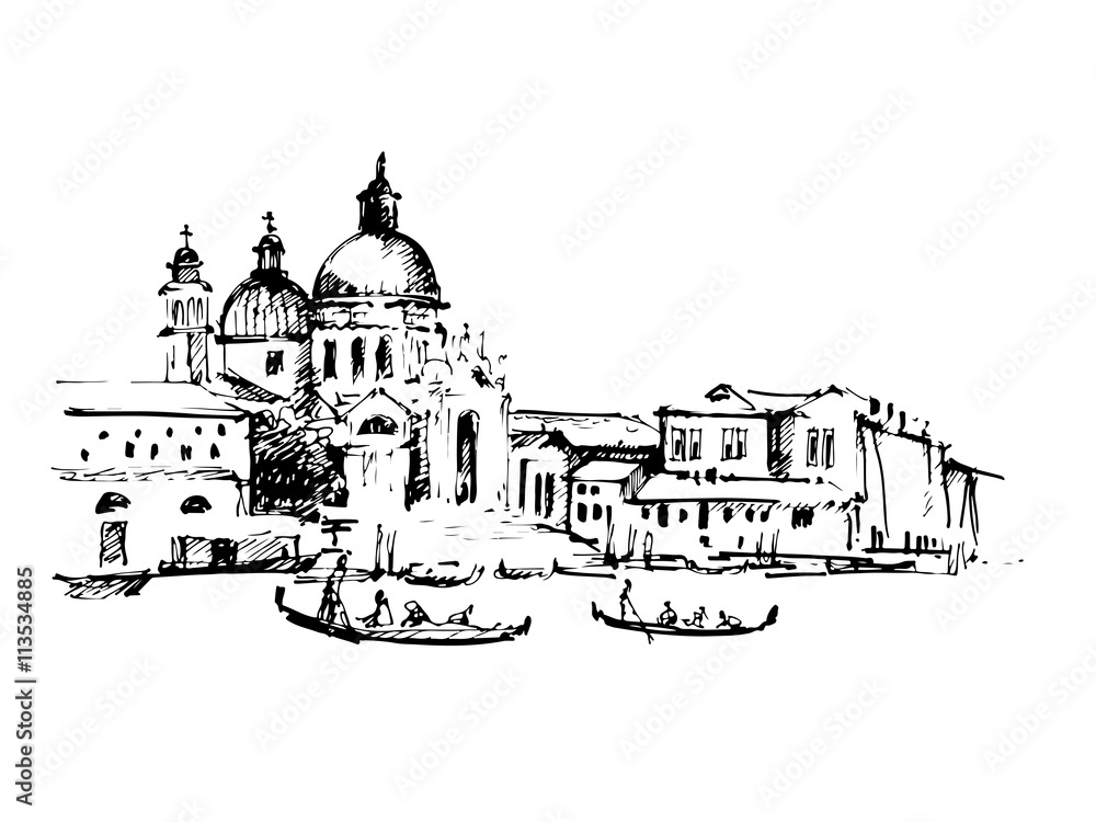 Streets in Venice with gondola, hand drawn vintage illustration on white background.