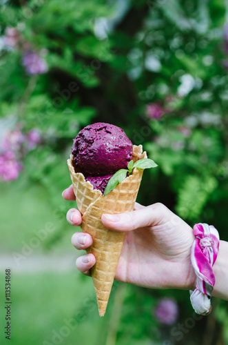 hand holding waffle cone with blueberry ice cream © sokorevaphoto