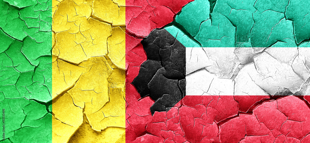 Mali flag with Kuwait flag on a grunge cracked wall