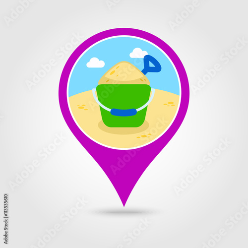 Sand Bucket and Shovel pin map icon. Summer