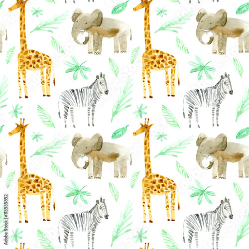 Seamless pattern with yellow giraffe, zebra, elephant and foliage.Watercolor hand drawn illustration.White background.Animals image.