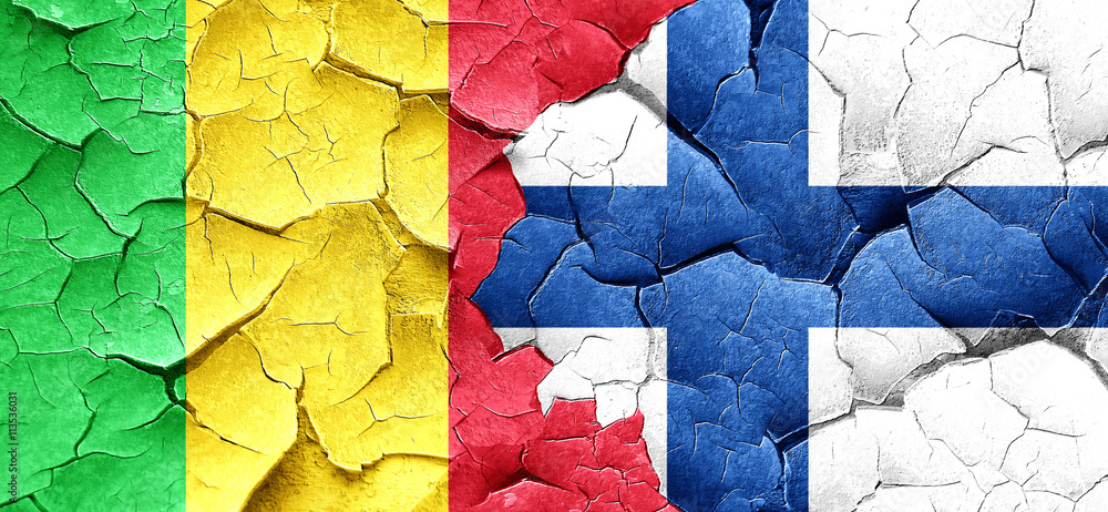 Mali flag with Finland flag on a grunge cracked wall