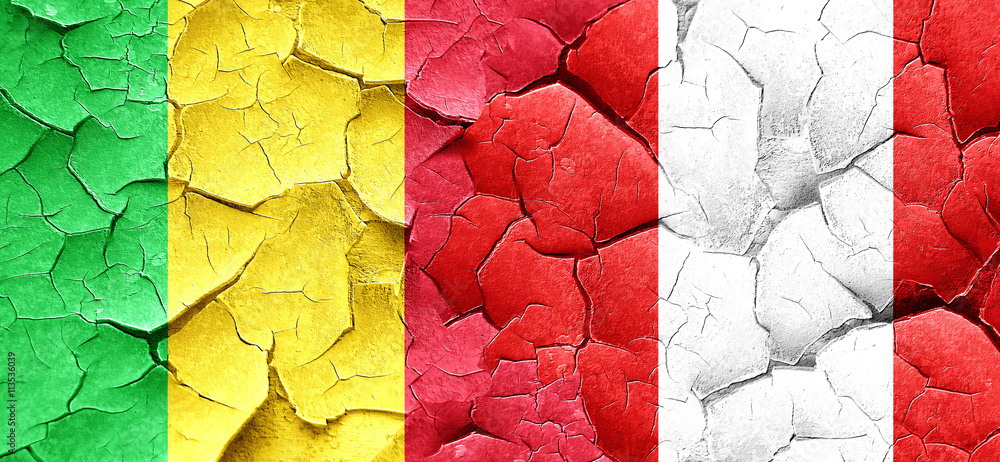 Mali flag with Peru flag on a grunge cracked wall Mali flag with Peru flag on a grunge cracked wall
