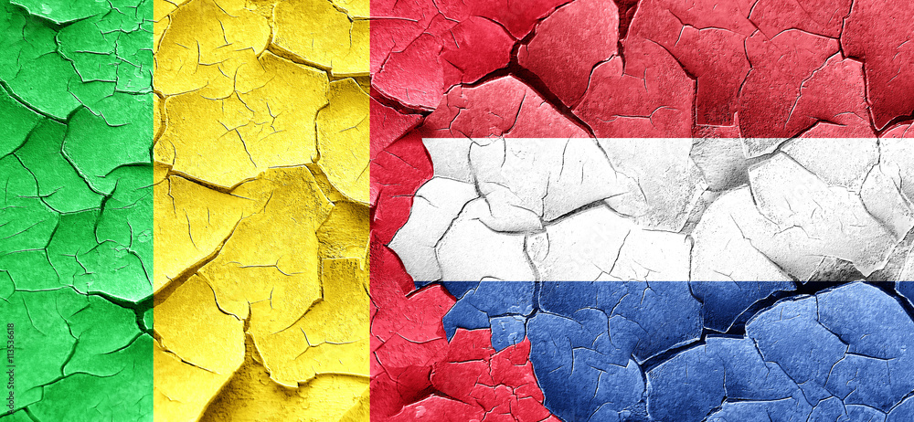Mali flag with Netherlands flag on a grunge cracked wall