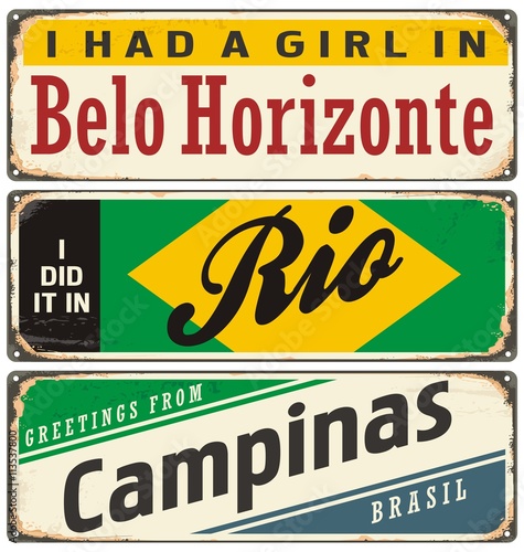 Retro tin sign collection with cities in Brazil