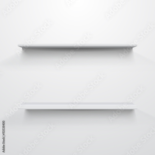 Empty white shelves on light grey background.