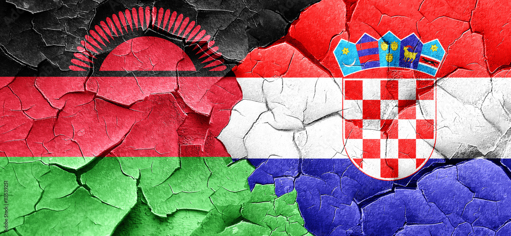 Malawi flag with Croatia flag on a grunge cracked wall