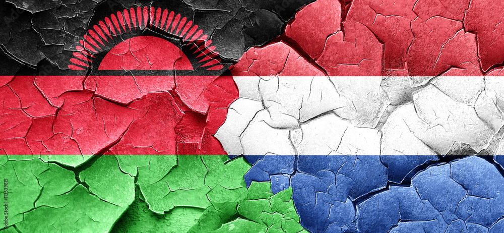 Malawi flag with Netherlands flag on a grunge cracked wall