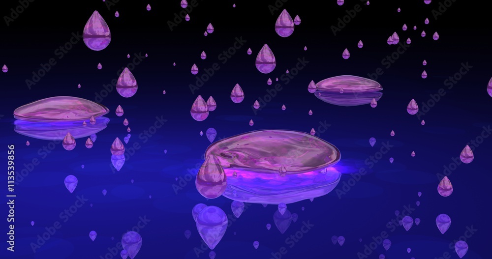 Purple rain drops against reflective blue sea