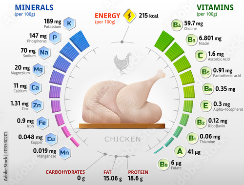 Vitamins and minerals of raw chicken. Infographics about nutrients in chicken meat. Qualitative vector illustration about chicken, vitamins, poultry meat, health food, nutrients, diet, etc
