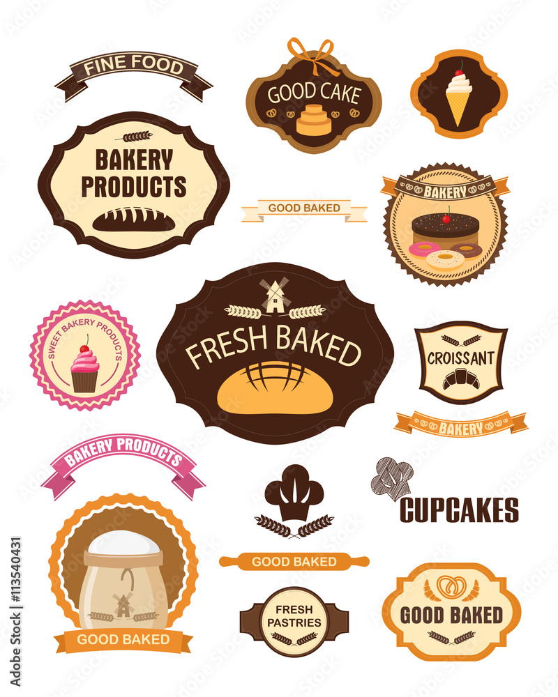 Set of vintage retro bakery pastry labels, badges, ribbons, cards and design elements