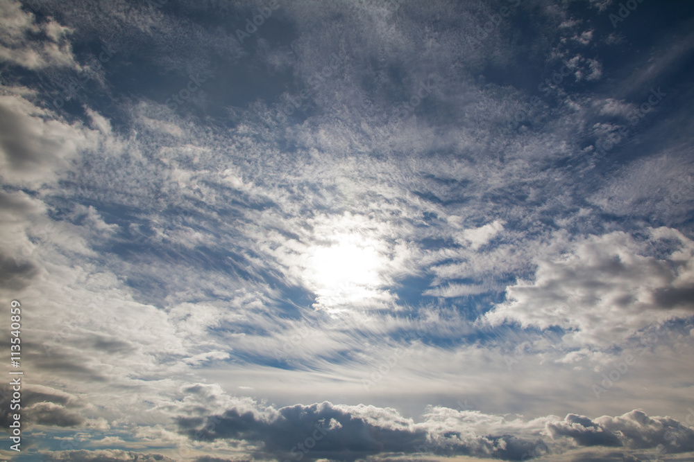 White fluffy storm clouds in blue sky